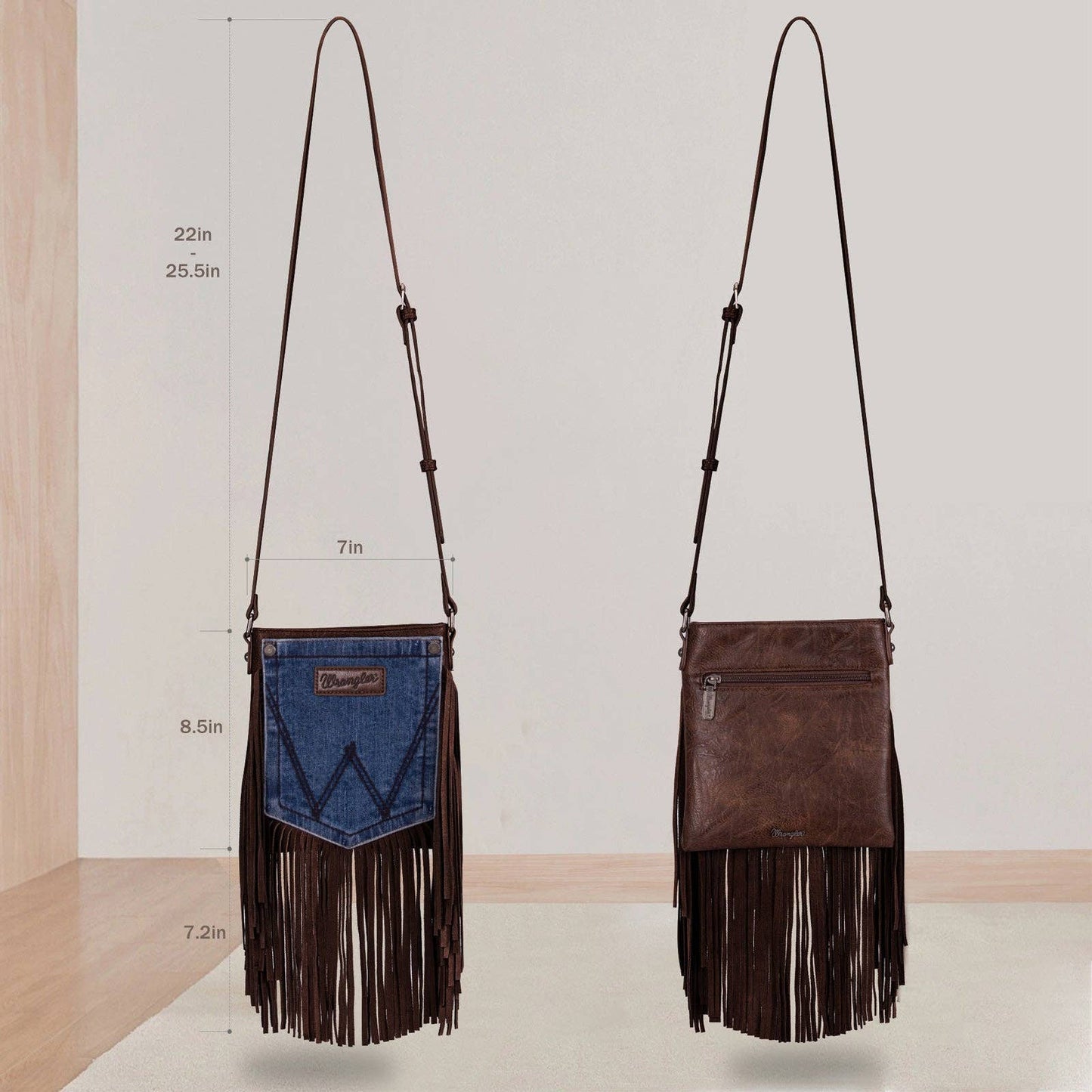 WG44-8360 Wrangler Leather Fringe Jean Denim Pocket Crossbody - Coffee