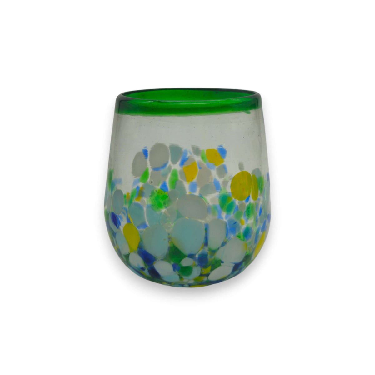 Hand-Blown Stemless Wine Glass | Mexican Confetti with Green Rim