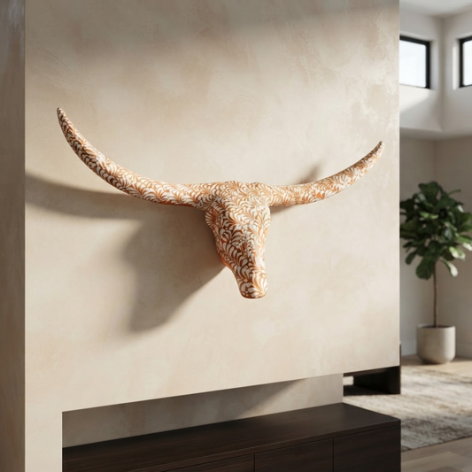 Terracotta Longhorn Wall Art | Hand-Painted Mexican Bull Skull