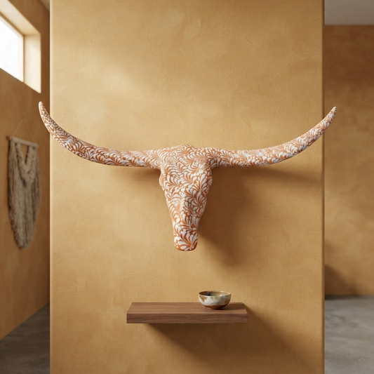 Terracotta Longhorn Wall Art | Hand-Painted Mexican Bull Skull