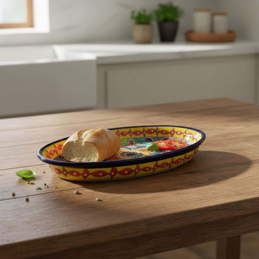 Talavera Oval Serving Platter | Cobalt-Blue Rim Kitchenware